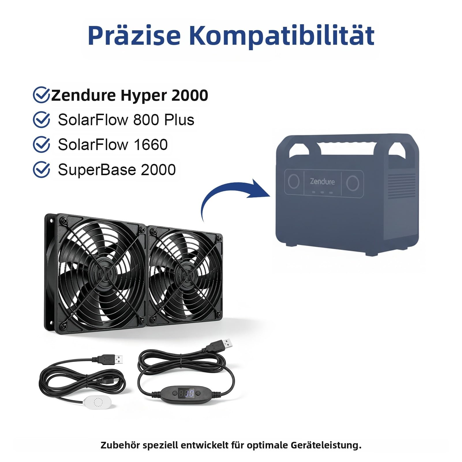 Smart-Lüfter für Zendure, temperaturgesteuerter Smart-Lüfter, für Zendure SuperBase 2000 SolarFlow 800 Plus 1600, leiser 3-Gang-Lüfter für Powerstation, USB-Eingang