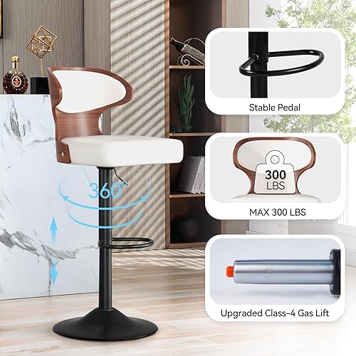 Miniatura 3 de Juego de 3 taburetes de bar giratorios de altura ajustable, de piel sintética, tapizados de madera curvada, con respaldo y reposapiés, silla de bar