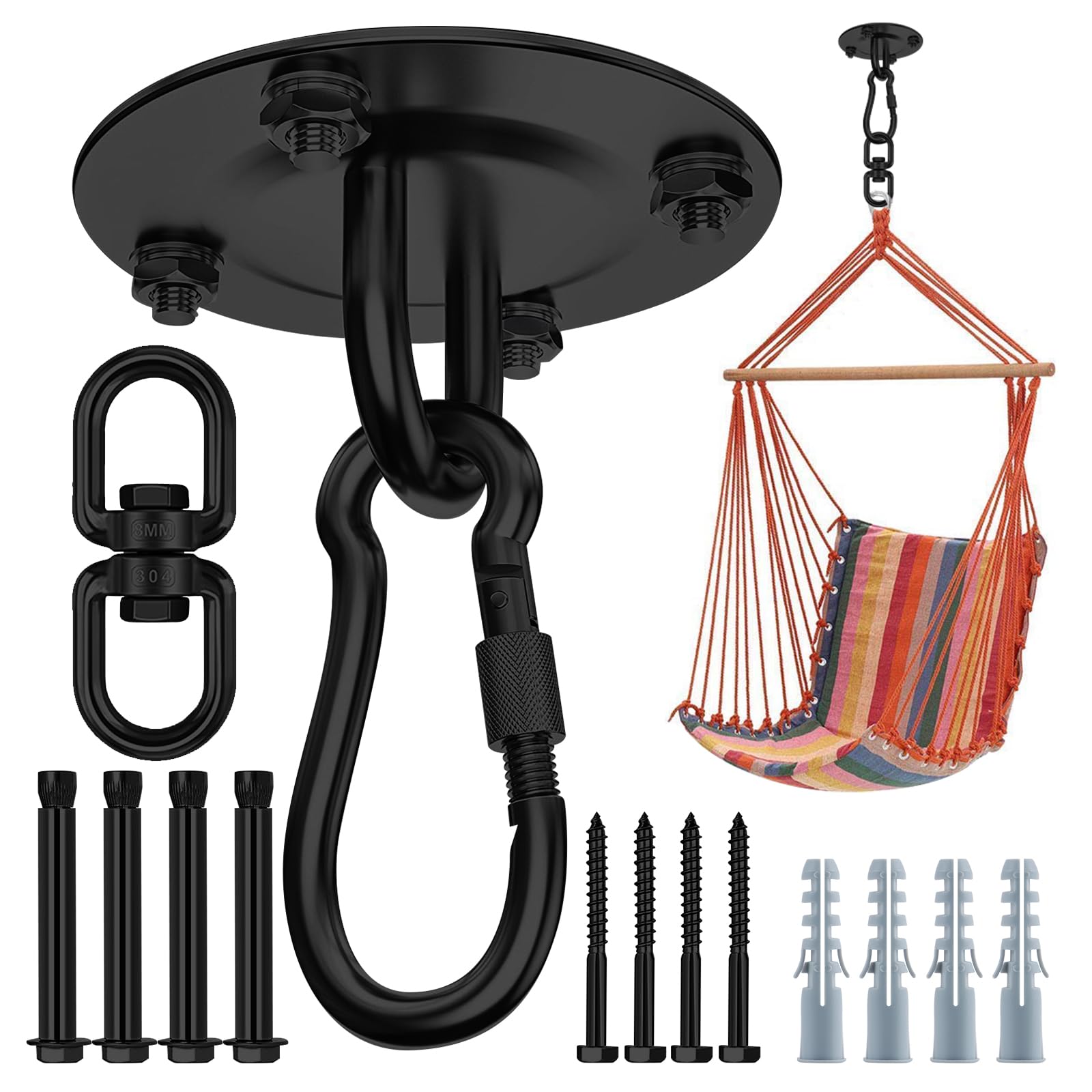 Morzejar Heavy Duty Ceiling Hook 360° Rotatable Black Heavy Hook for 304 Stainless Steel Rotating Hammock Hook Swing Hook for Ceiling Wooden Porch Gym Yoga Hanging Hook