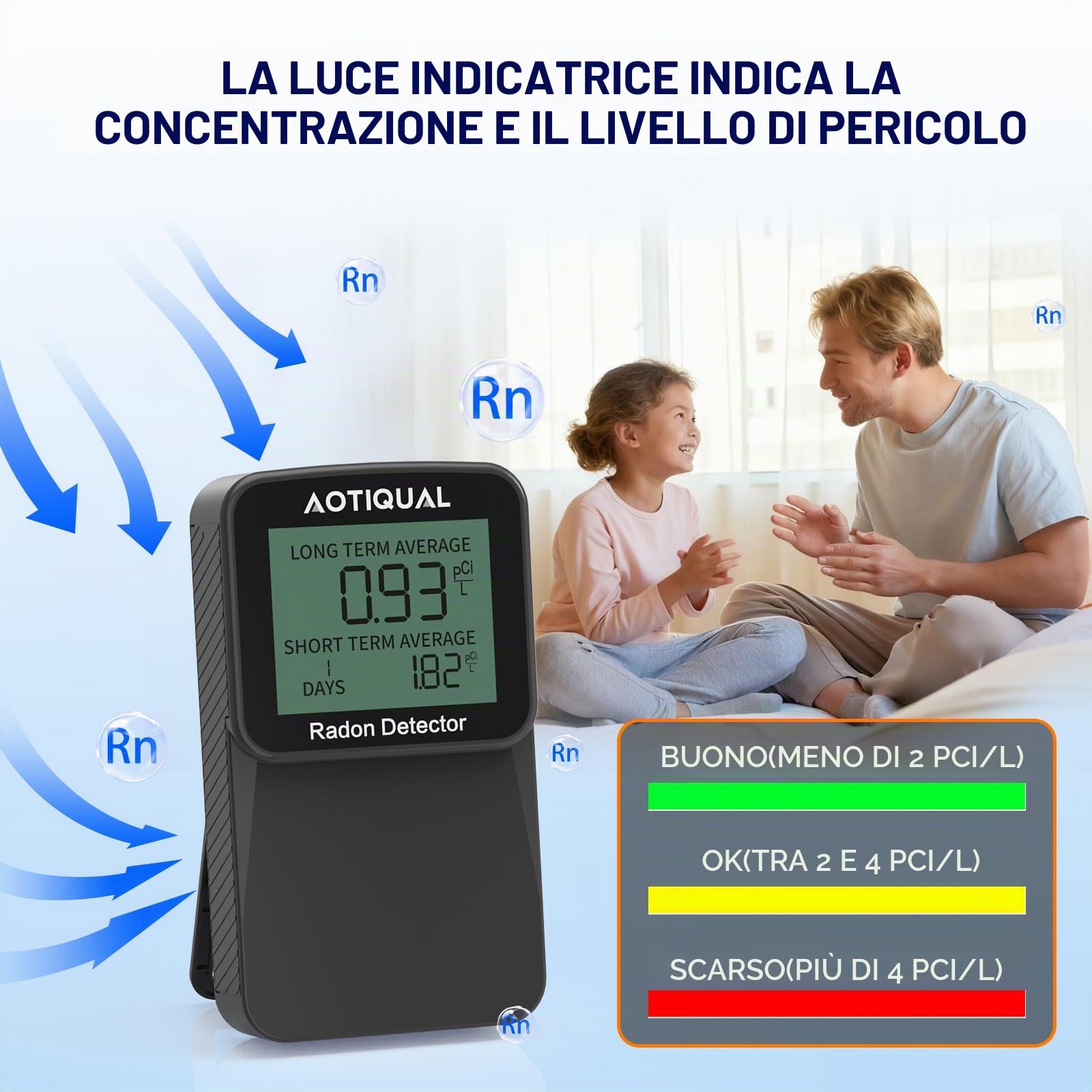 Rilevatore di Radon Digitale con Display LCD, Alimentazione a Batteria con Doppia USB, Durata della Batteria di 3 Anni, Durata del Sensore di 10 Anni, Rilevazione Accurata della Concentrazione in pCi