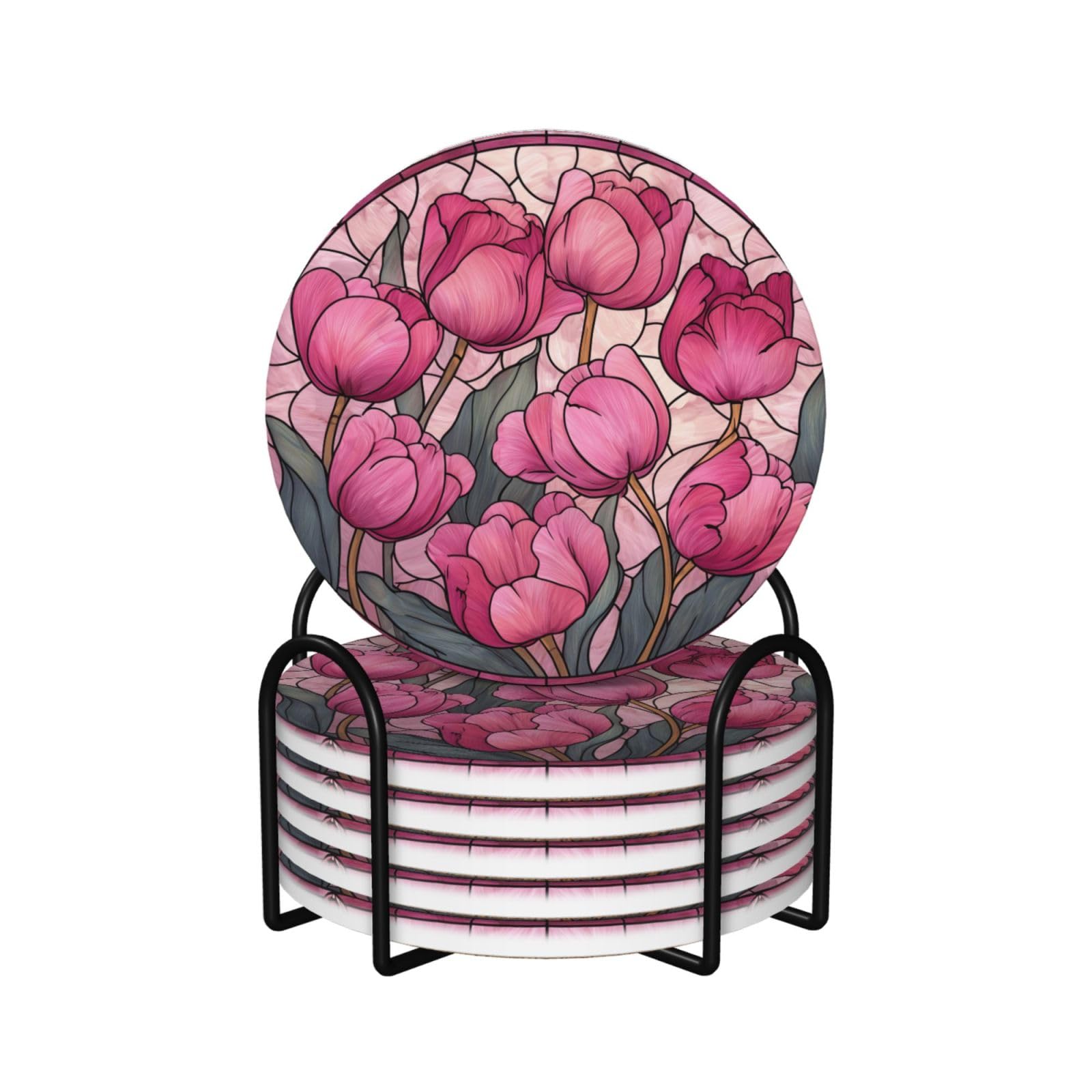 Stained Glass Tulip Pink Flowers Ceramic Coasters with Holder 6ps