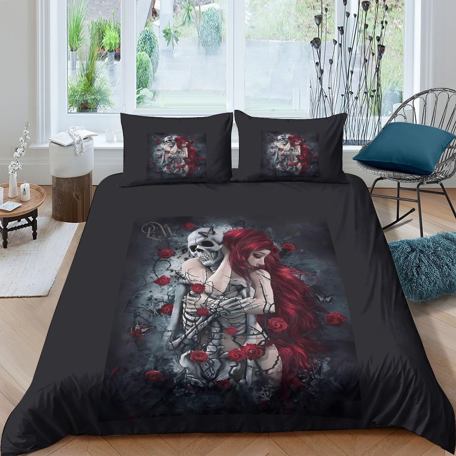 Ctjqhvkz Style-4 3D Printed Gothic Skull Rose Fitted Sheet Microfiber Soft Black Red Angel Mattress Cover Bedroom Decor Single（135X200cm）