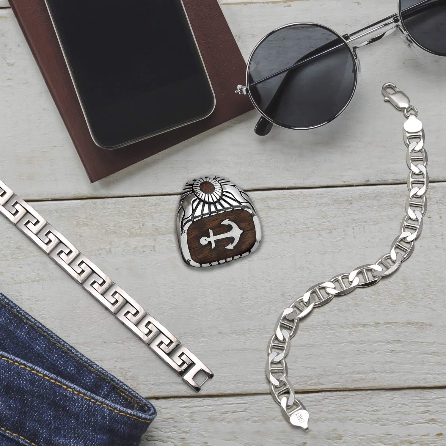 Bling Jewelry Masculine Geometric Infinity Key Link Bracelet for Teens Men Black Gold Silver Tone Stainless Steel and Wood Wristband 8.5-9 Inch Length 12MM Width - Image 6