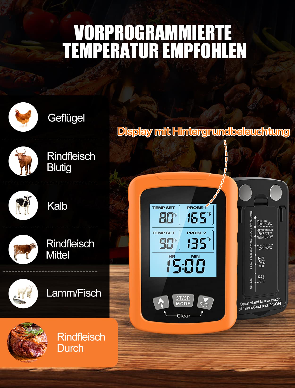 CIRYCASE Fleischthermometer Digital, Schnell & Präzise Ablesbares Ofenthermometer mit Zwei 16,3cm Edelstahlsonden, Grillthermometer mit Auto ON/OFF, Timer & LCD Bildschirm, für Kochen, BBQ, Küche