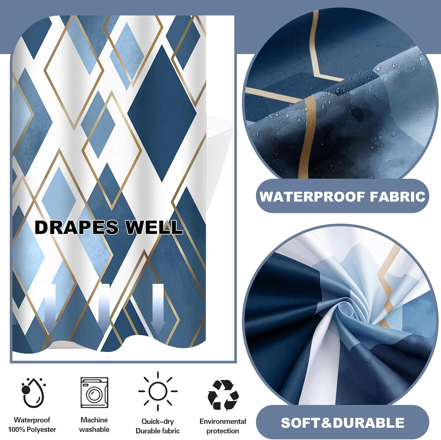 No Hook Shower Curtain with Snap in Liner Set, Blue Modern Geometric Shower Curtains for Bathroom, Hotel Fabric Bath Curtain with Mesh Top Window, Waterproof & Quick Dry, Navy 71" x 74"