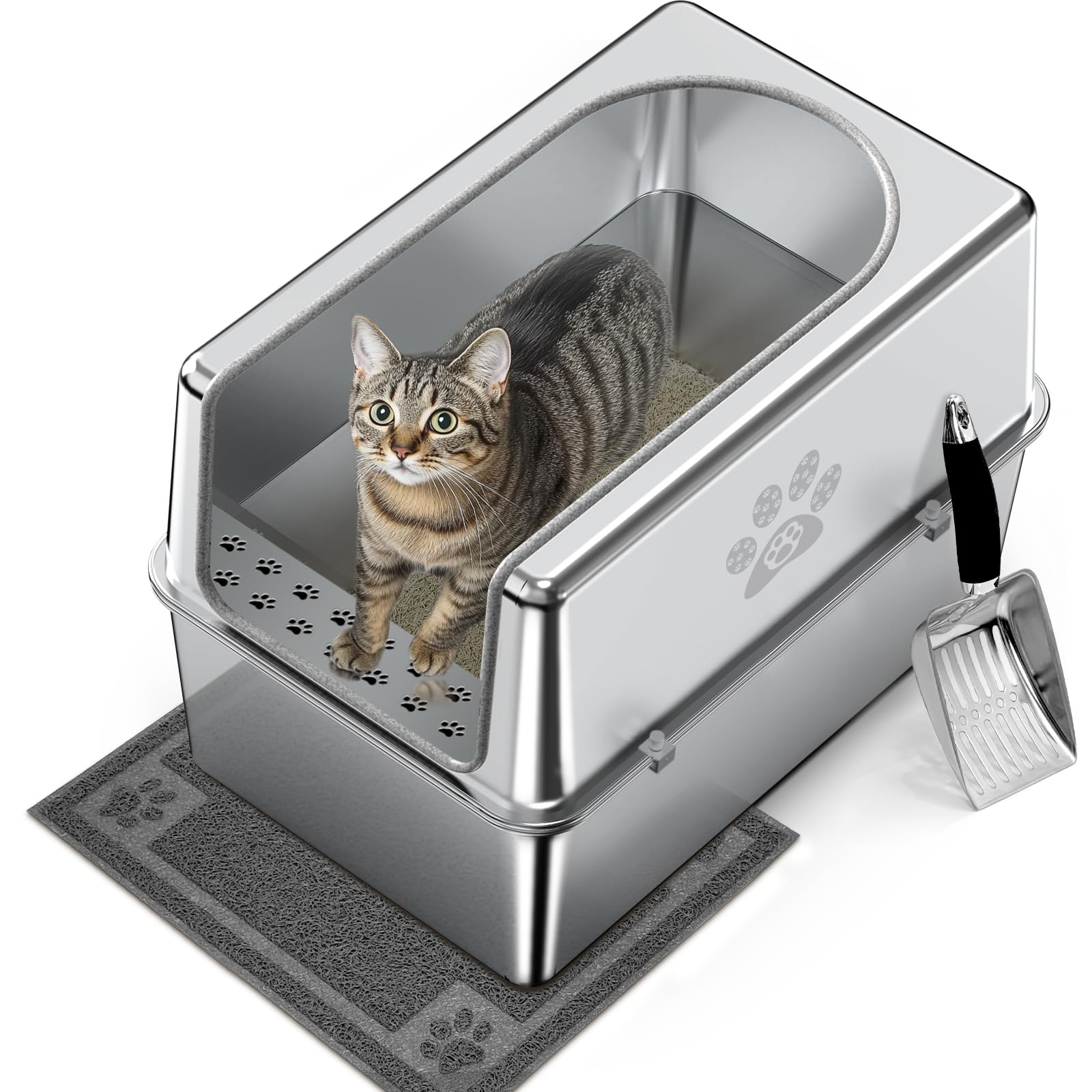 Enclosed Stainless Steel Cat Litter Box with Lid, Metal Litter Box for Big Cats, Extra Large Cat Toilet with High Side, Non-Stick, Anti-Leakage, Odorless, with Cats Litter Mat & Litter Scoop