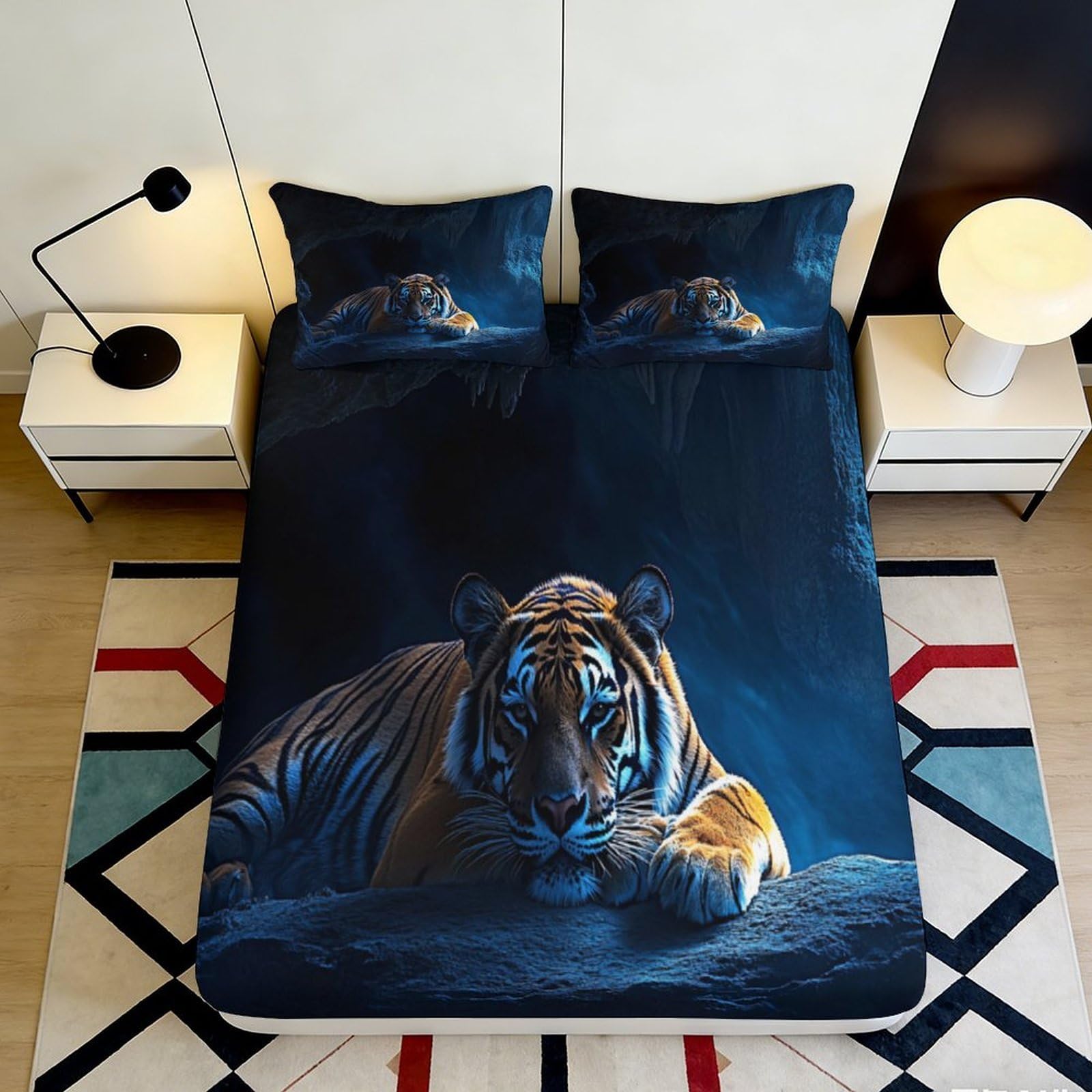 3D Printed Tiger Pattern Fitted Sheet Microfiber Soft Breathable Jungle Design Mattress Cover for Bedroom Dormitory Guest Room Bed Protection 200x200x25cm
