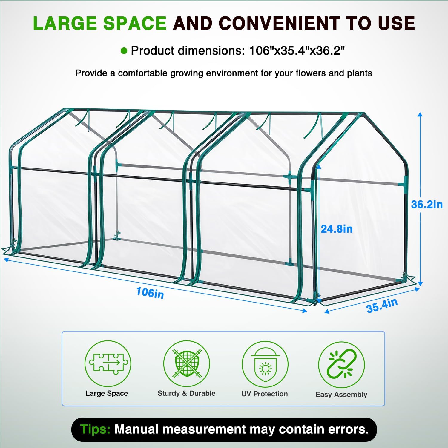 Yesker Mini Greenhouse 106"x36"x36" Portable Small Green House for Indoor Outdoor Greenhouses with PVC Cover Compact Greenhouse Kit for Winter Gardening Balcony Patio Outside Backyard Plant Protection Clear PVC 106x36x36"