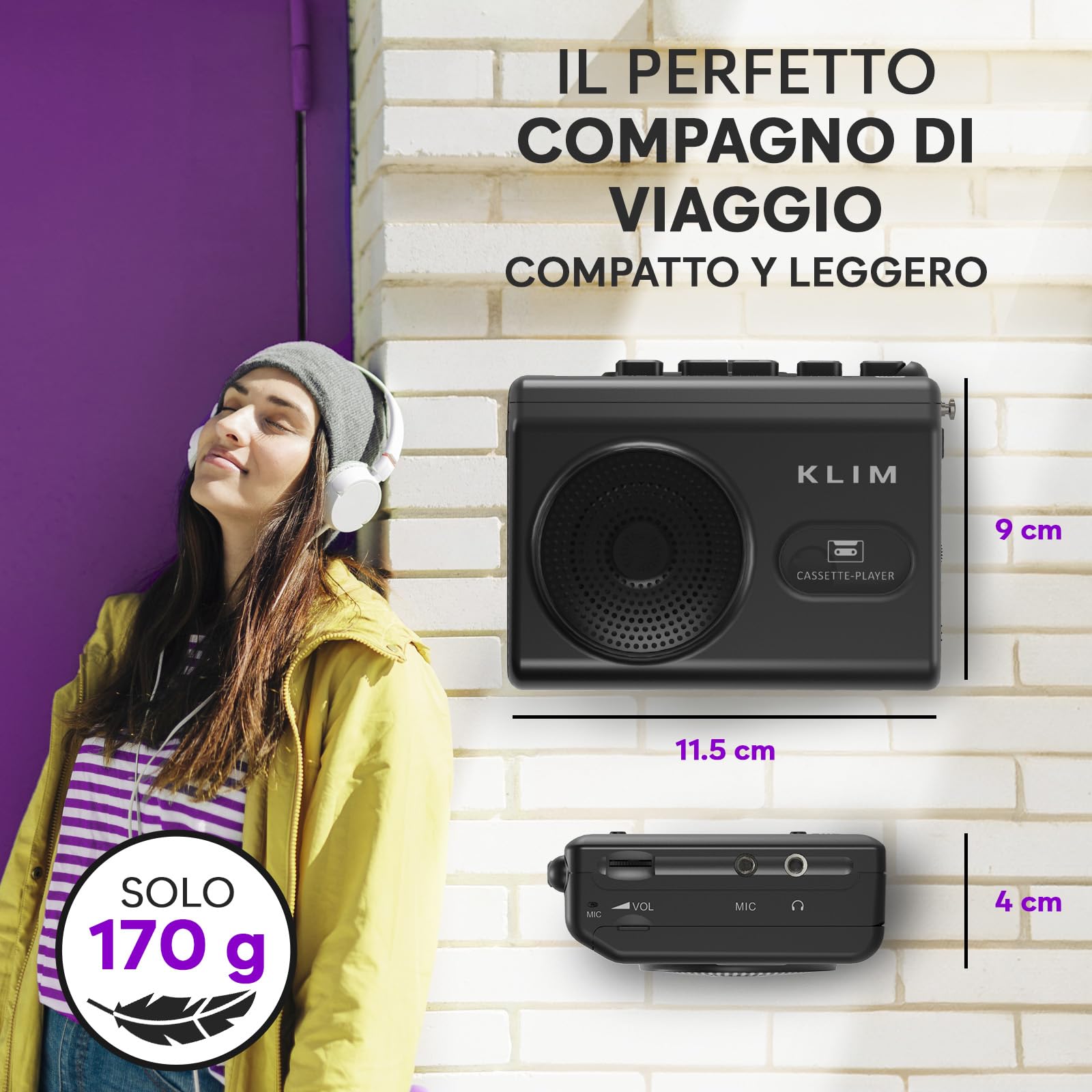 Lettore Cassette Audio e Registratore Cassette KLIM K9 Portatile con Altoparlante Integrato e Microfono