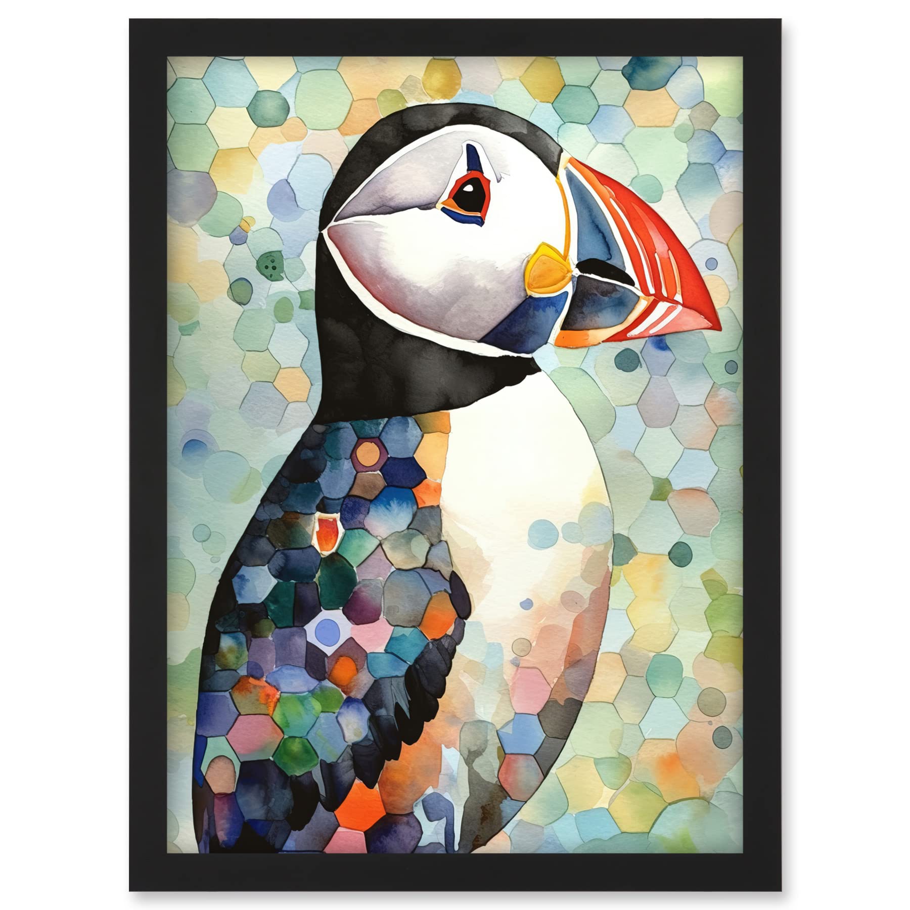 Artery8 Puffin Bird Portrait Pastel Colour Folk Art Artwork Framed A3 Wall Art Print