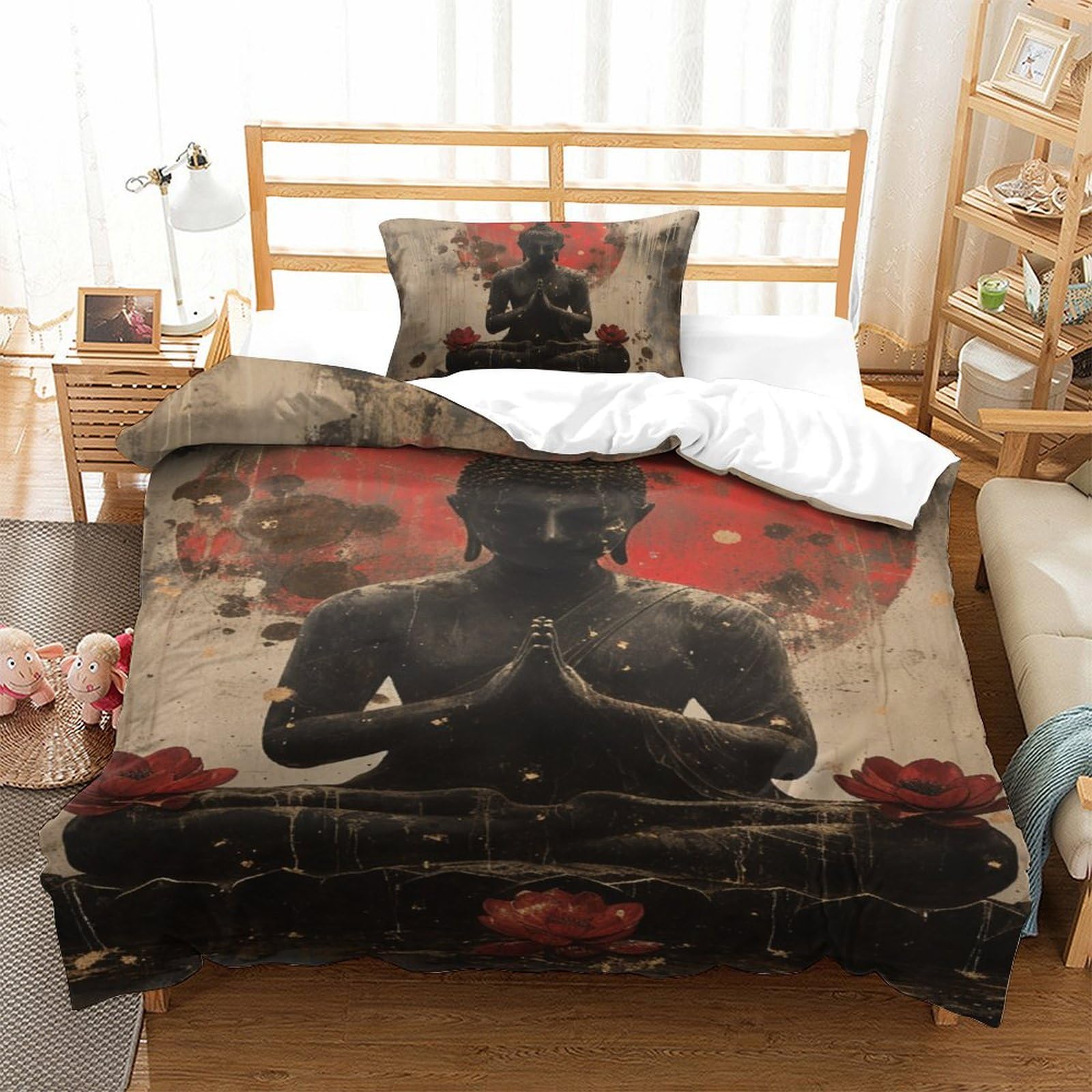 Housse de couette Bouddha 3D en microfibre 135x200cm avec taies d'oreiller pour lit simple