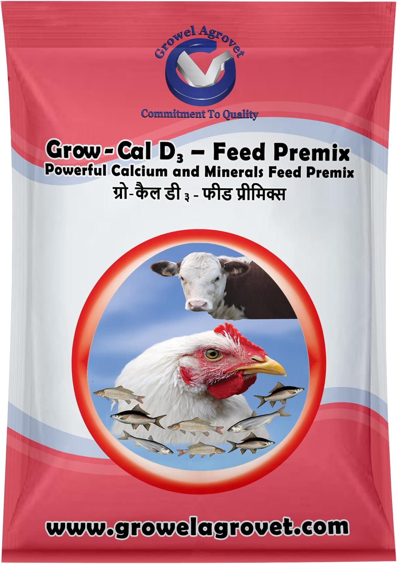 Growel Agrovet Grow-Cal D3 - Feed Premix : A Powerful Calcium Feed Premix With Vitamins, Zinc, And Magnesium For Poultry, Cattle, 1 Kg., All Life Stages, Powder