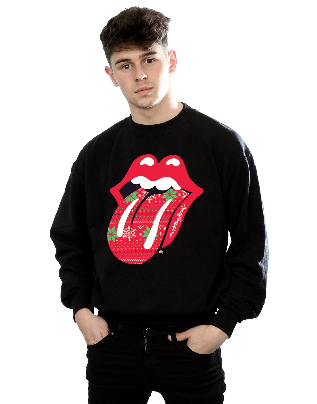 Absolute Cult Men's Black Rolling Stones Christmas Tongue Sweatshirt Large
