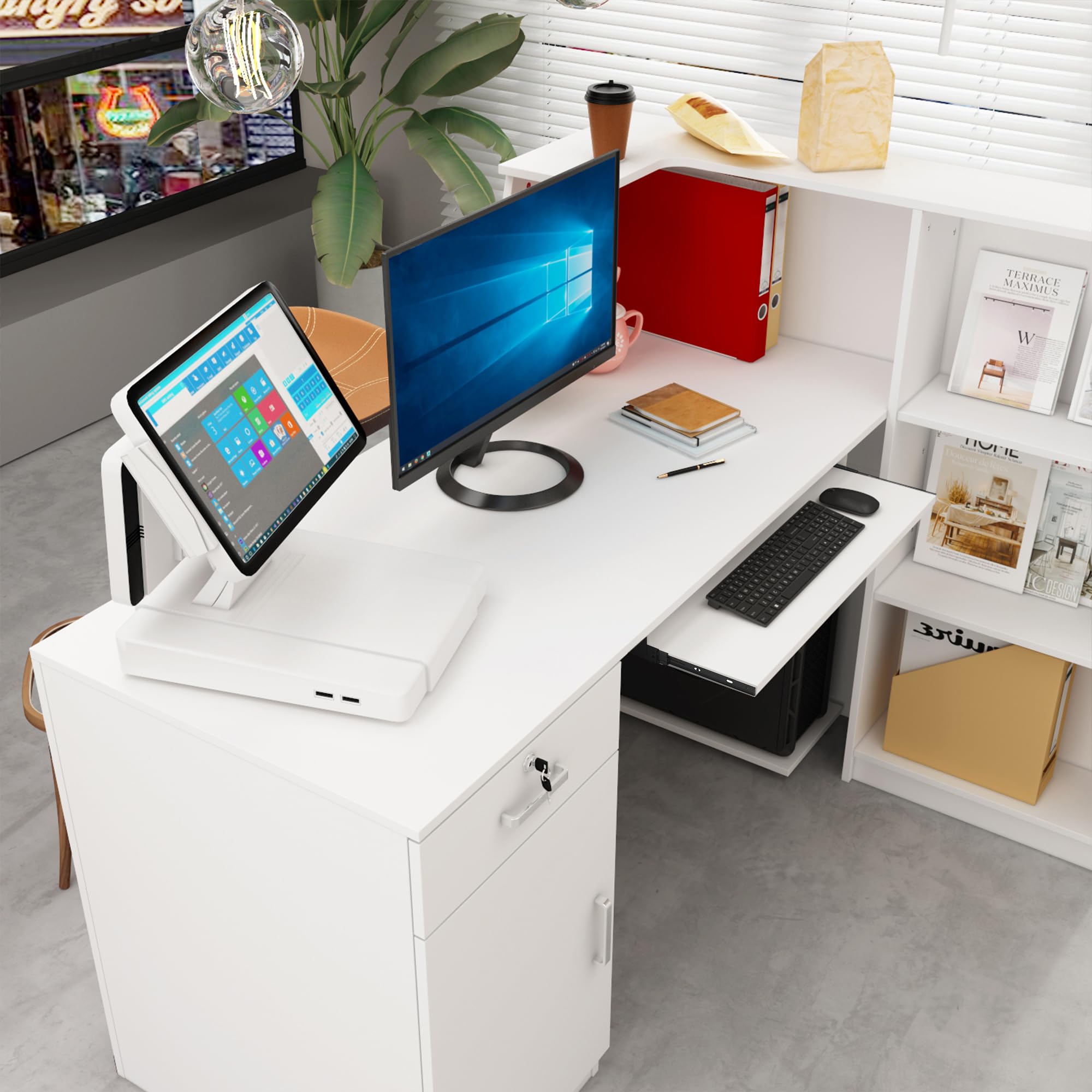 Empfangstheke, Empfangstresen, Rezeptionstisch, Rezeptionstheke mit 1 Schubladen und 1 Schrank, Empfangstheken, Rezeptionstheken mit Tastaturschublade, Bürotheke, MDF, 140 x 100 x 110 cm