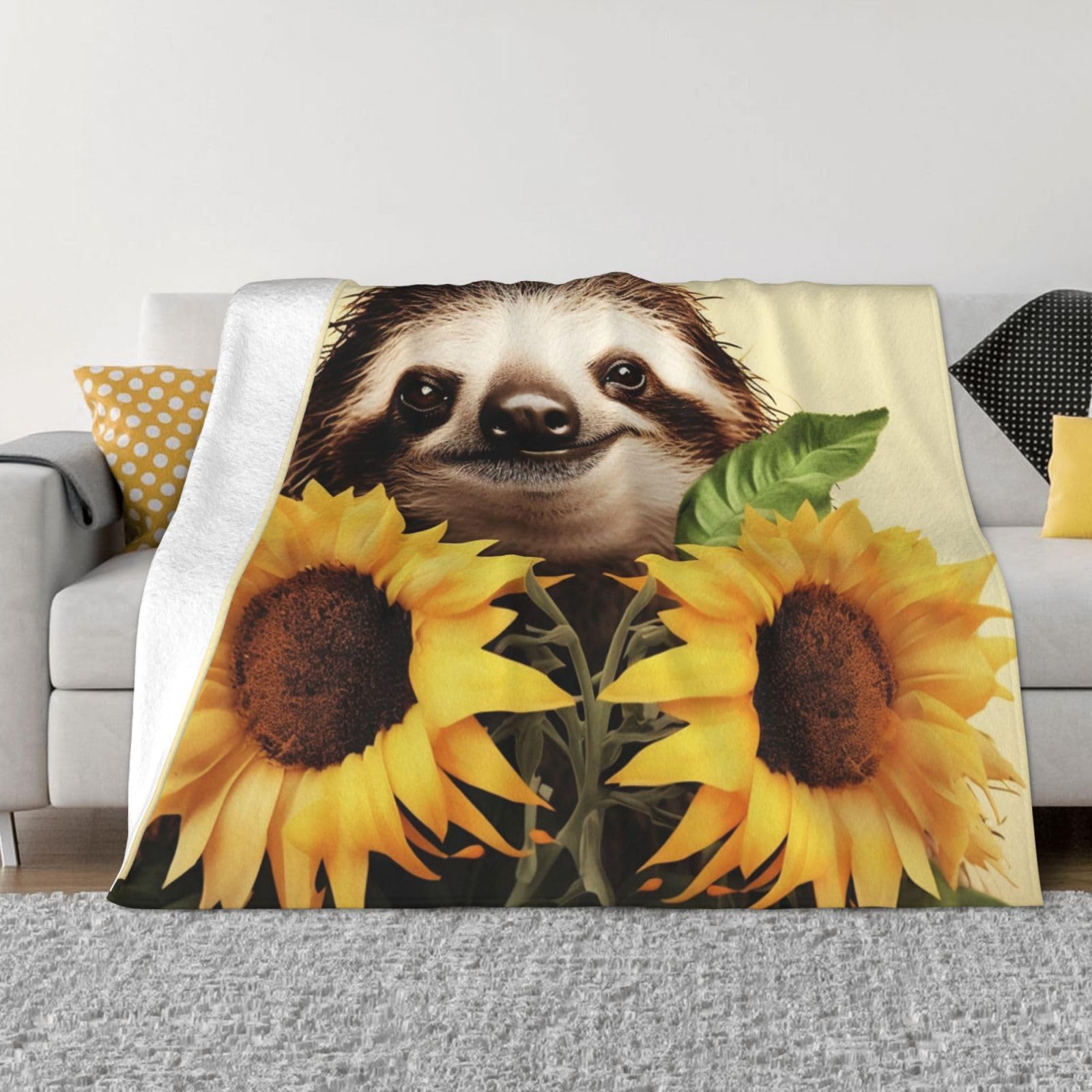 KLOPH Sloth Sunflower Throw Blanket 80"x60" Flannel Fluffy Warm Blanket for Couch, Reversible Plush Blankets for Bed, Comfy Fuzzy Blanket for Sofa, Plush Lightweight-Blankets for All Season