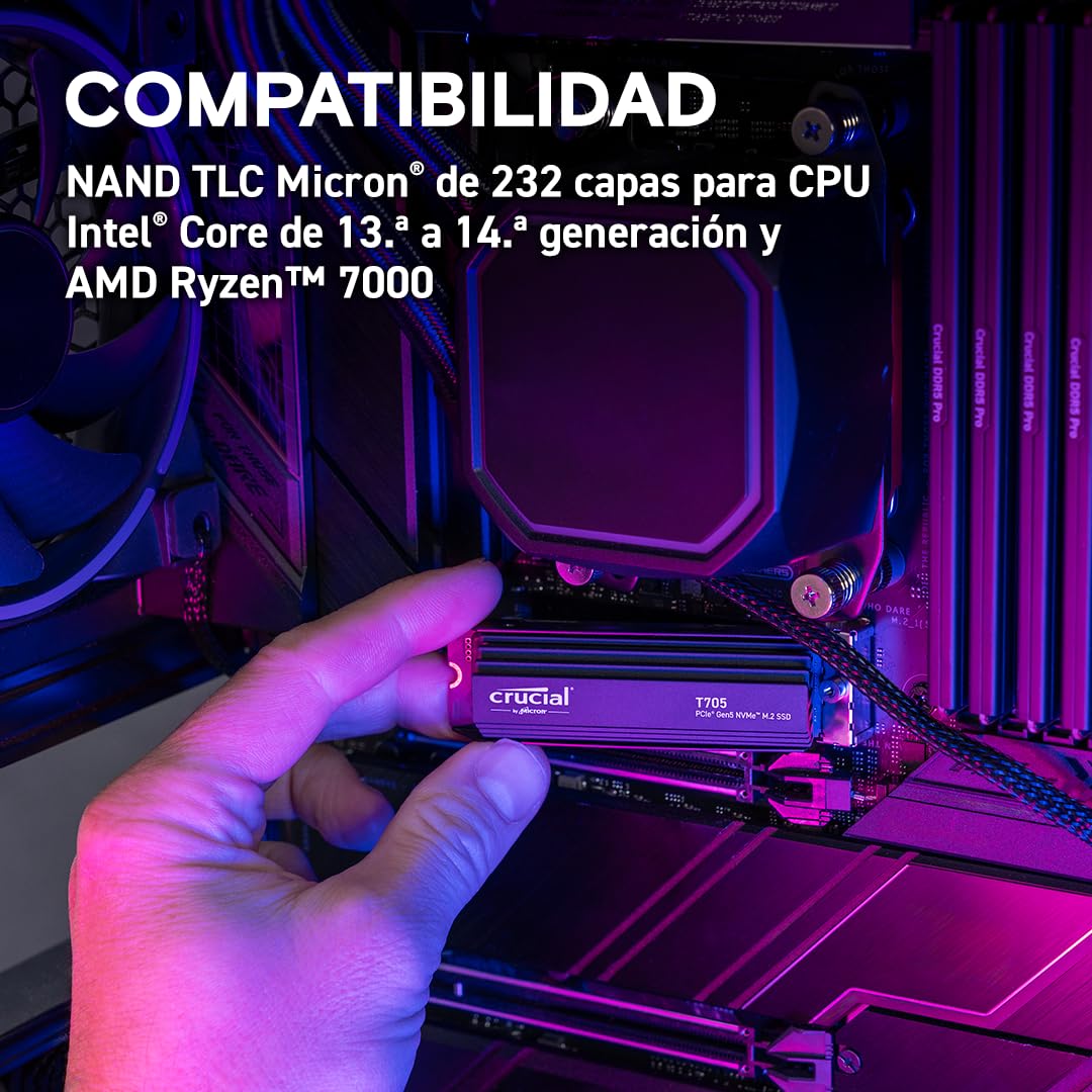Crucial T705 SSD 2TB PCIe 5.0 x4 Gen5 NVMe M.2 con Disipador, Velocidades de Lectura hasta 14500 MB/s, Escritura 12700 MB/s, para PC de Escritorio, TLC NAND, Disco Duro Interno - CT2000T705SSD5