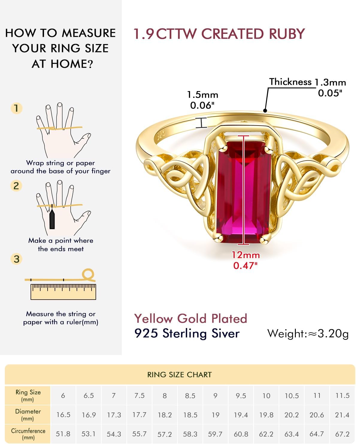 DAYBYDAY Celtic Birthstone Rings for Women, 925 Sterling Silver/18K Gold Plated Emerald Cut Celtic Knot Engagement Wedding Ring, Square Created Gemstone Promise Rings for Her Size 6-10 - Image 6