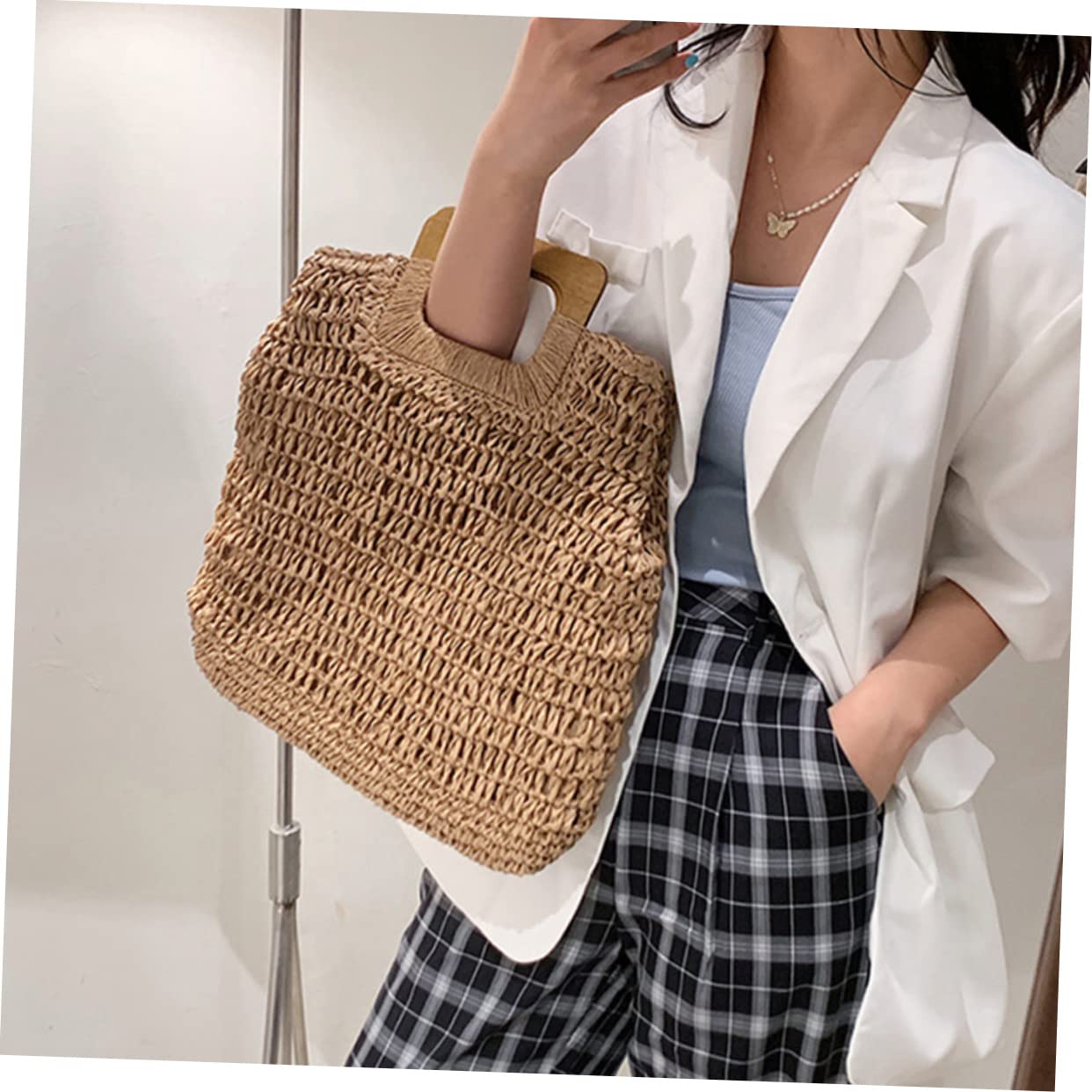 Handtasche Strand Große Strandtasche aus Stroh mit Leichtem Material und Großem Fassungsvermögen für Damen für Outdoor und Partys