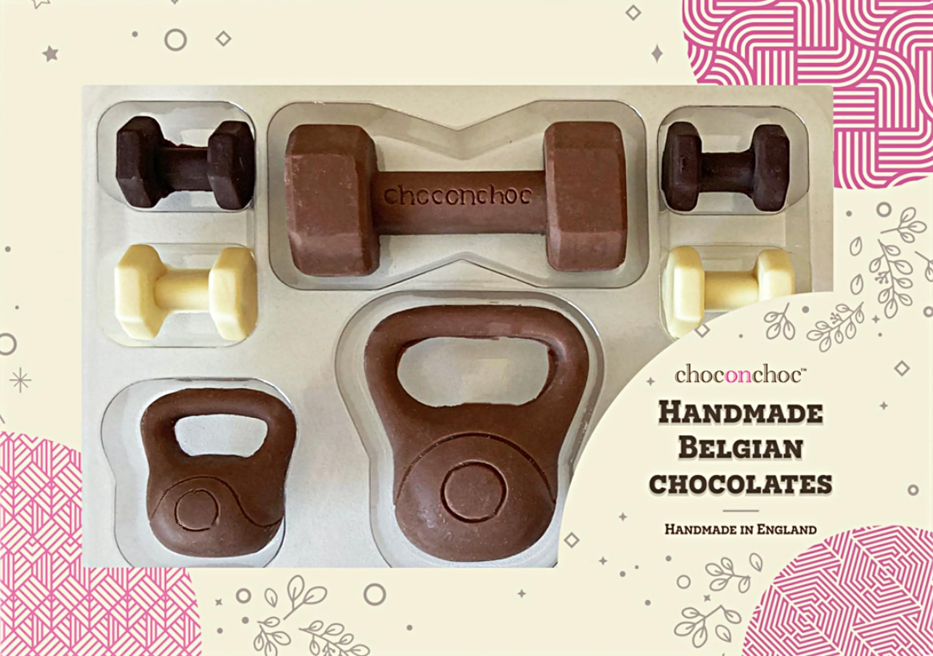 Choc On Choc Chocolate Workout Gift Set - 8 Handmade Belgian Chocolate Dumbbells & Kettlebells - Fun Fitness-Themed Gift for Gym Lovers - Dark, Milk, & White Chocolate (155g)