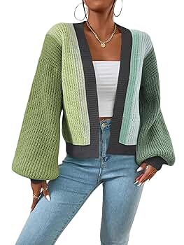 SHENHE Women's Color Block Open Front Long Sleeve Ribbed