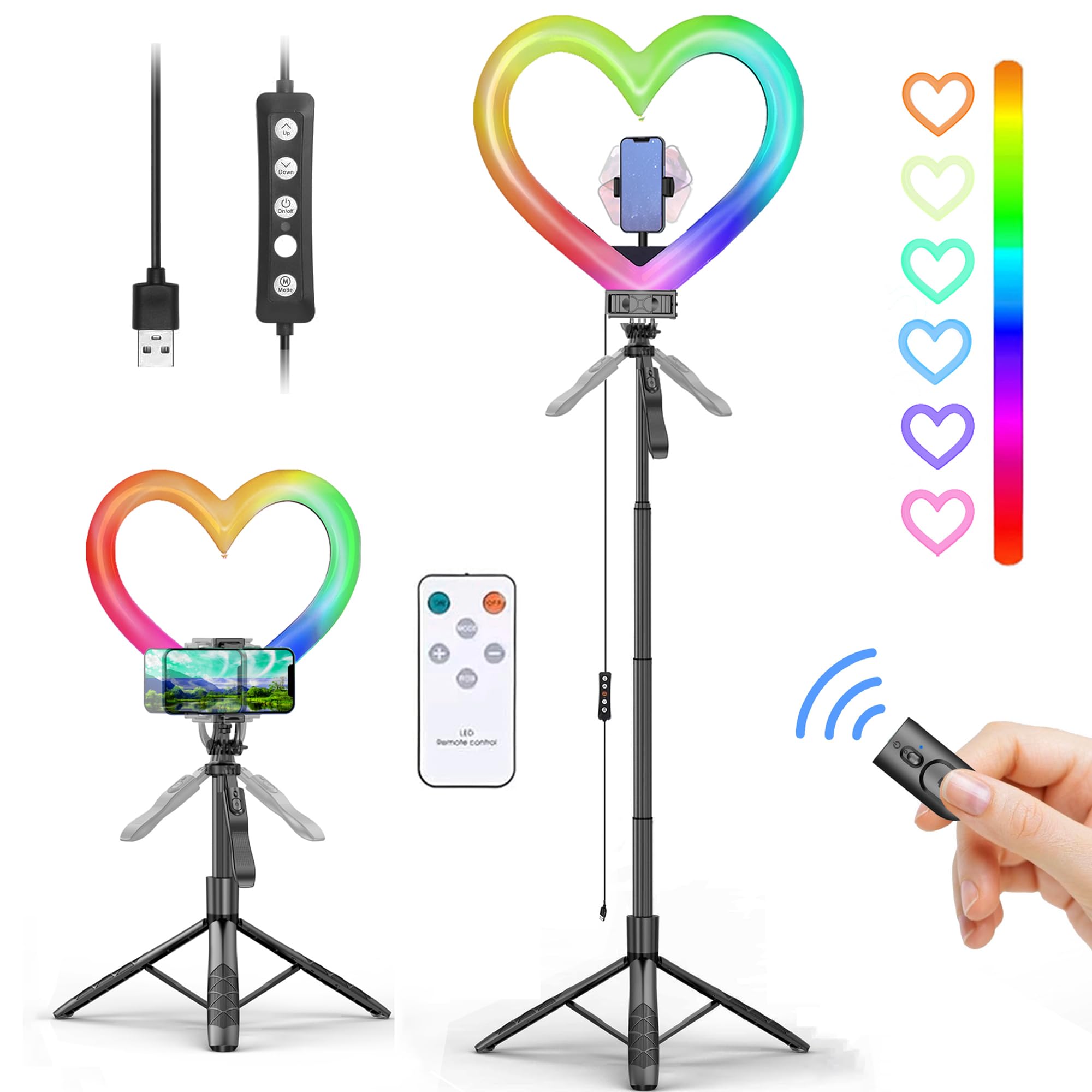 Ringlicht in Herzform, 30,5 cm (12 Zoll), RGB, LED, Herzform, mit Handyhalterung für Live-Stream/Make-up, kompatibel mit allen Smartphones