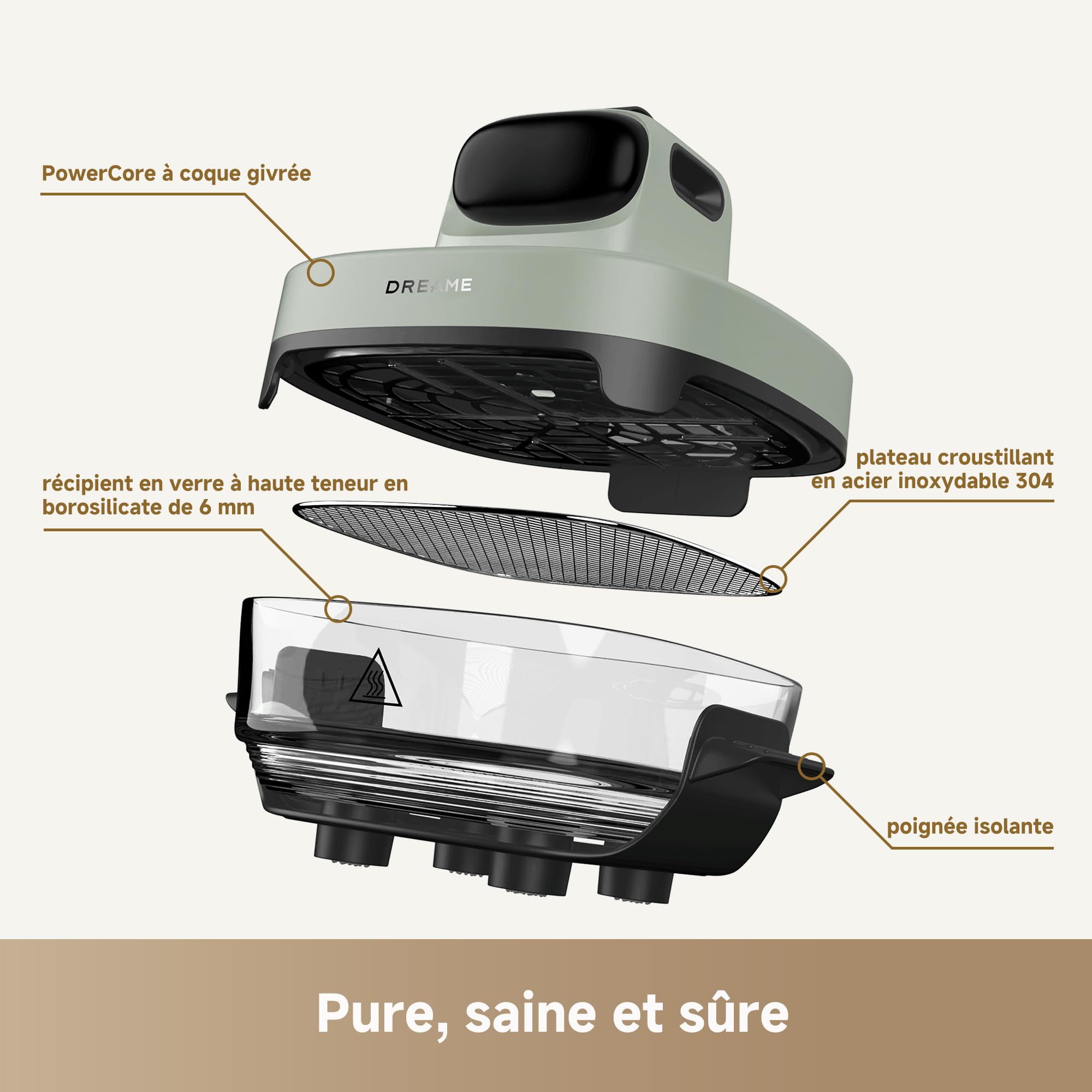 DREAME Tasti Friteuse à air en verre portable 5 en 1, 2,5 L + 4,5 L | 2 cuves, cuisson sans huile, rôtir, griller, réchauffer, maintien au chaud, verre résistant, vue à 360°