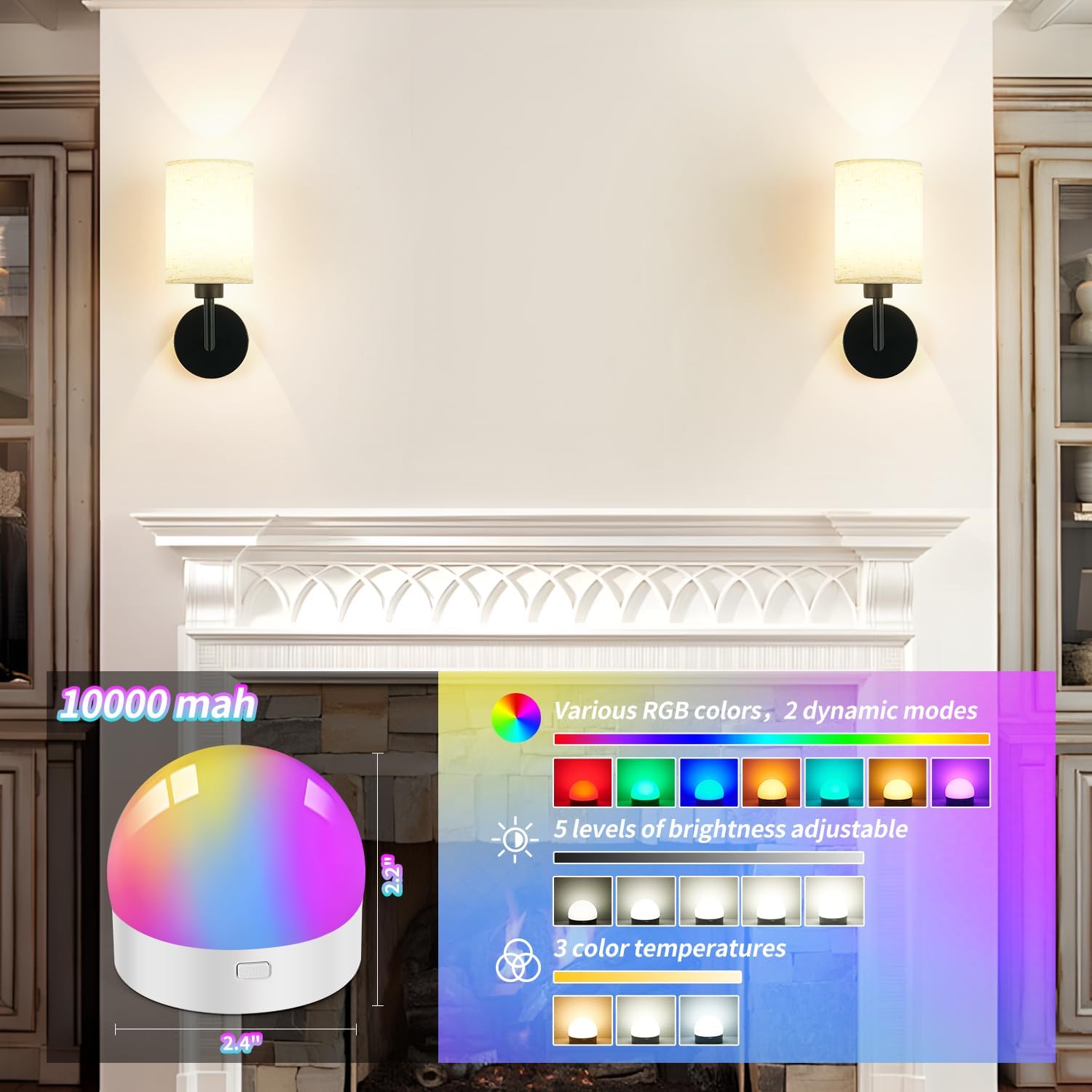 Battery Operated Wall Sconce Set of Two,Dimmable Cordless Wall Sconces,12 Colors Rechargeable Wall Lights,Wall Lamps for Wall Decor,Bedroom,Living Room