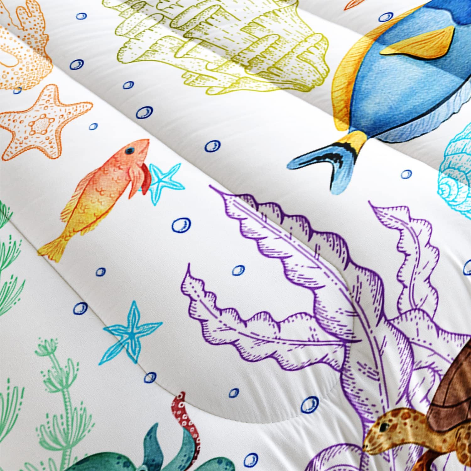 Turtle Comforter Set Twin Ocean Watercolor Sea Turtle Bedding Set Tropical Fish Marine Life Bed Set with 2 Pillowcases for Kids Room Decor - Image 4