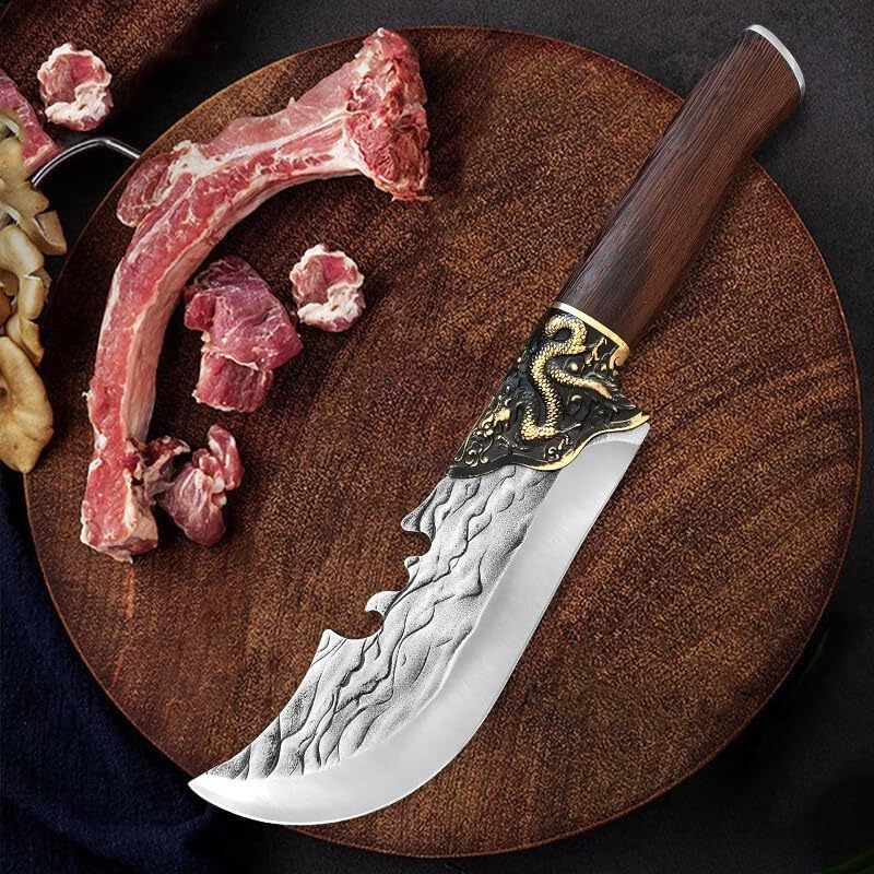 Meat Cleaver Knife, 6.6 Inch Hand Forged Boning Knife Dragon Head Shaped Wooden Handle Meat Cleaver Butcher's Meat With Sheath