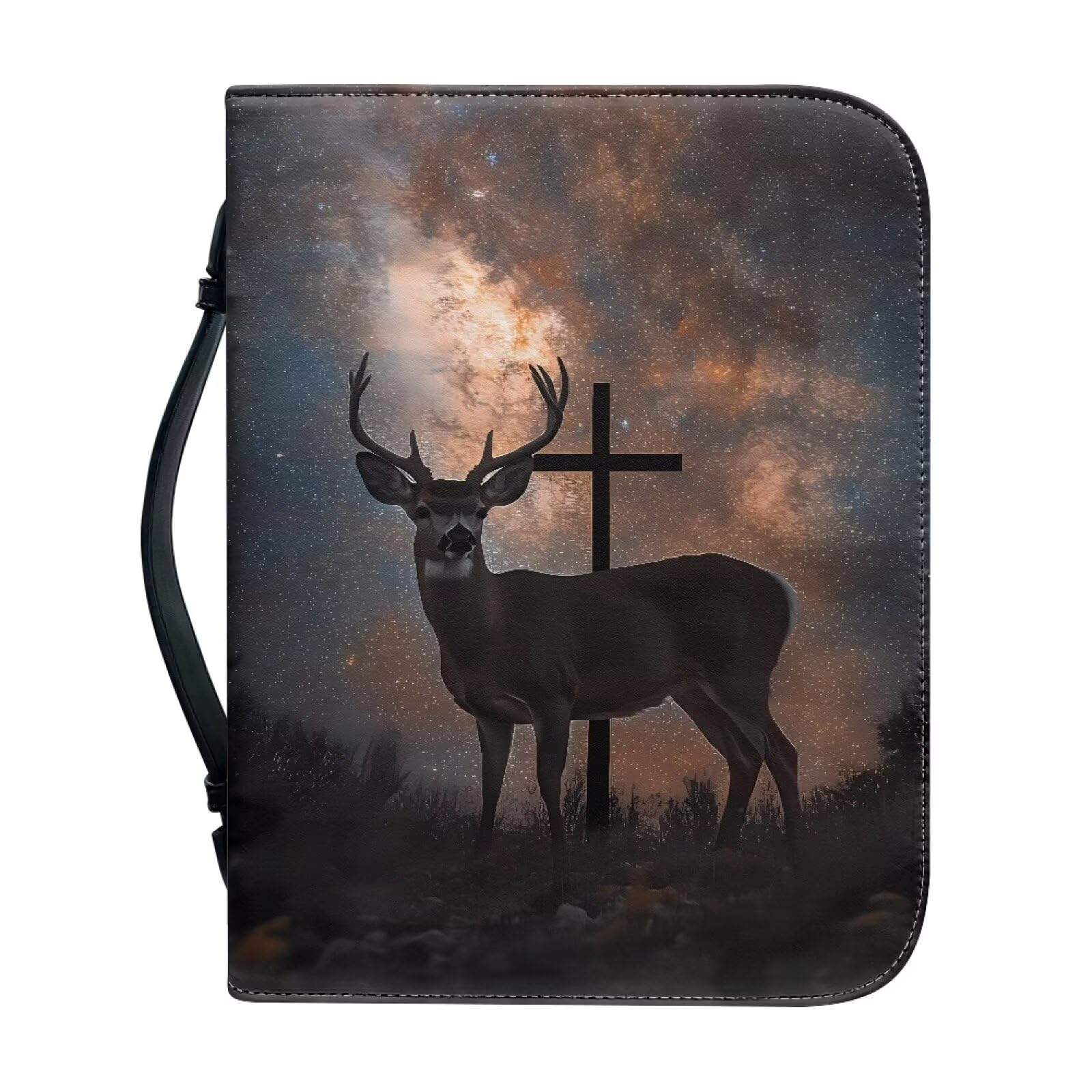 Talayituse Deer Cross Galaxy Print Faux Leather Bible Cover for Men Women Lightweight Christian Bible Case with Handle Waterproof Book Carrying Case Bible Protector Bible Tote Bag Handbag, Size XL