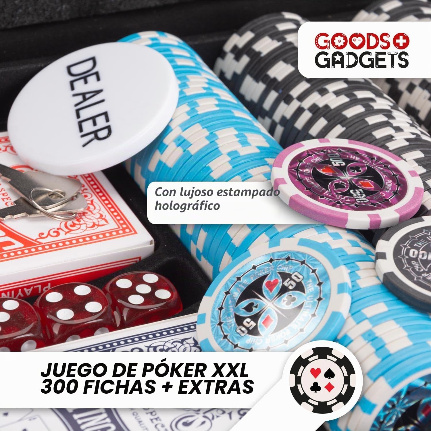 GOODS+GADGETS Maletín de Póquer con 300 a 500 Fichas, Baraja de Cartas, Dados y Botón del Crupier - Maleta de Aluminio con Cerradura (Negro, 300 Fichas)
