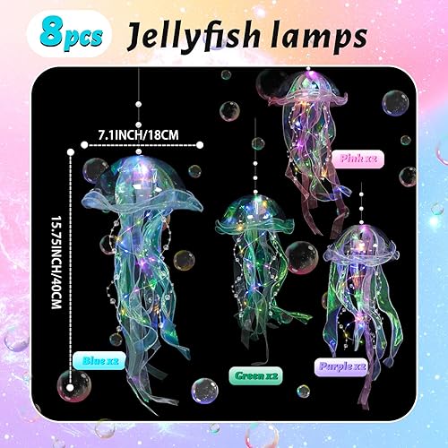 Miniatura 2 de Faroles de medusas, 8 piezas de decoraciones de fiesta de medusas, faroles colgantes de gelatina para fiesta temática de sirena bajo el mar, océano,