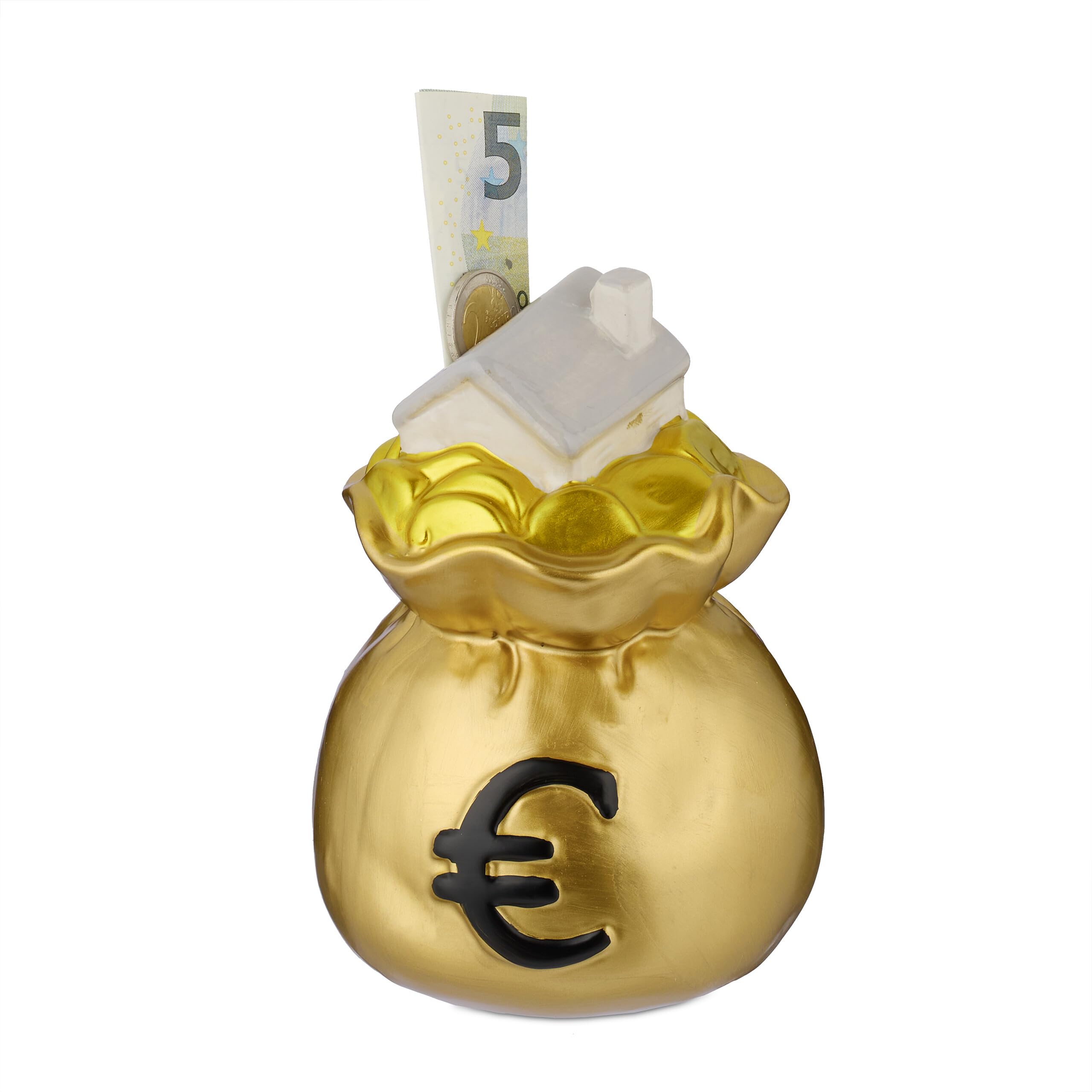 Relaxdays Money Bag Piggy Bank, Quirky Design, Ceramic, Savings Box, Coins & Notes, HWD: 15.5 x 12 x 12 cm, Gold