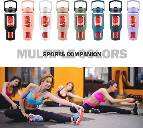 Miniatura 7 de kytffu Vaso de vidrio de 40 onzas con popote y tapa, taza de café helado reutilizable con asa y funda de silicona, botellas motivacionales con