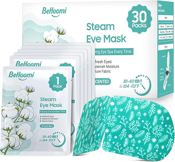 BeHoomi 30Packs Steam Eye Mask, Heated Eye Mask Warm Compress for Eyes, Self Heating Warm Eye Masks Disposable Steam Mask for Home Sleep, Spa, Travel Essentials & Relaxation Gifts (Unscented)