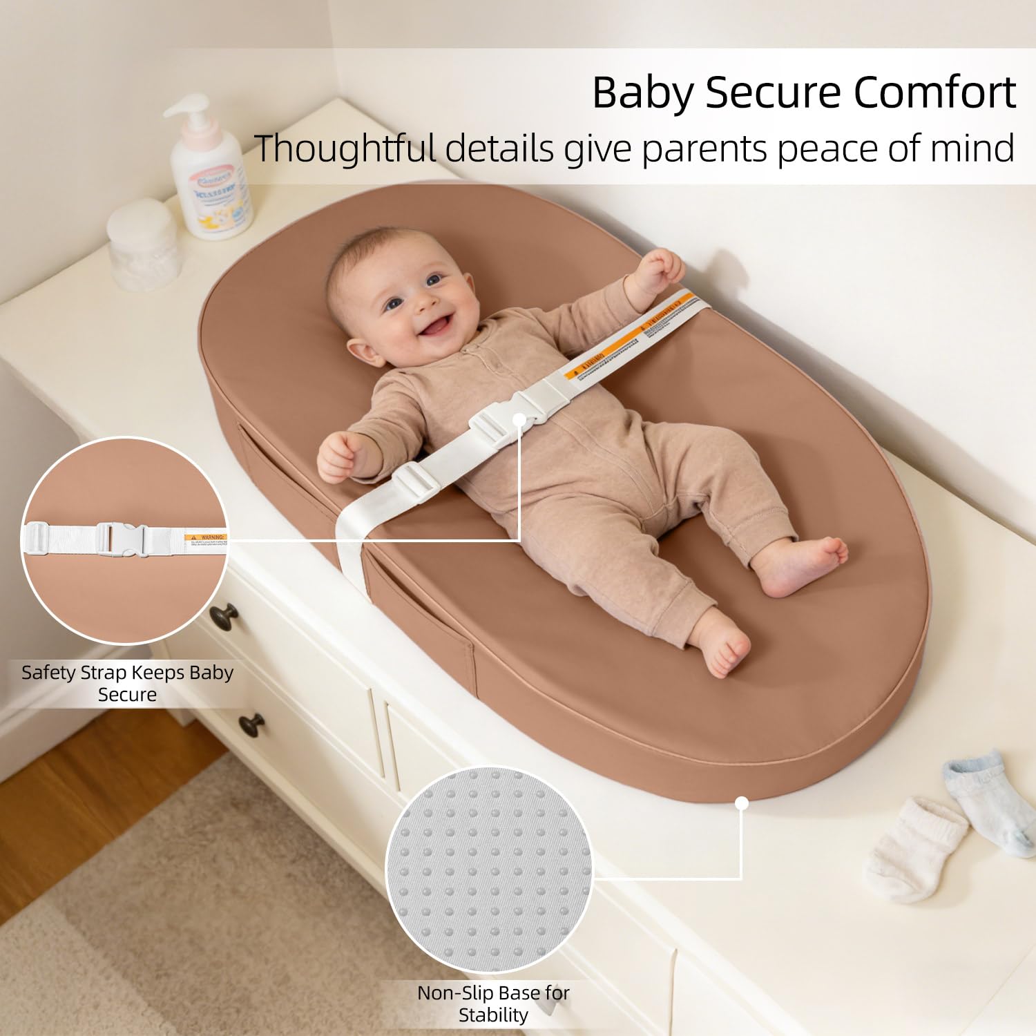 Baby-Wickelunterlage, wasserdicht, veganes Leder, abwischbar, mit Sicherheitsgurt, rutschfeste Wickelunterlage für Kommode und Tisch