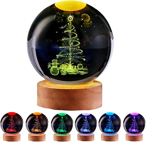 Lámpara de bola de cristal de Navidad, 3.15 pulgadas, K9 3D, luz nocturna de árbol de Navidad con base de madera, regalo de Navidad para amigos,
