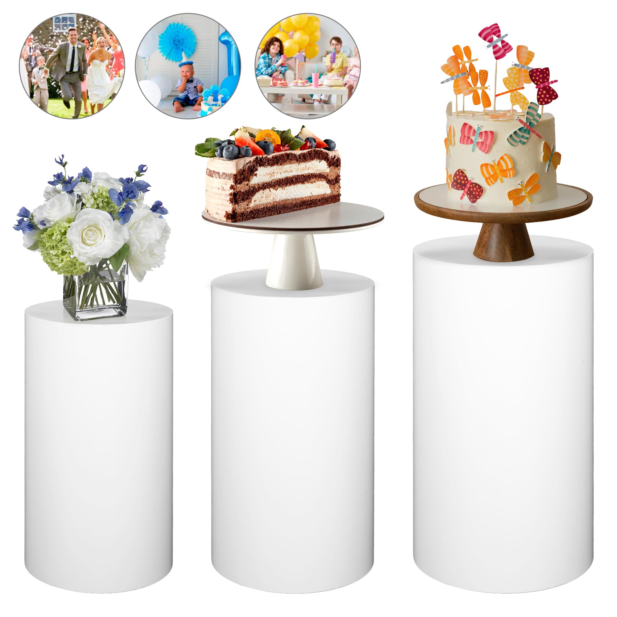 ikare Cylinder Stands for Party, 3PCS Metal White Round Cylinder Pedestal Stands, Plinths Dessert Table Display for Backdrop Decor Birthday Wedding Bridal Baby Shower Party Decorations