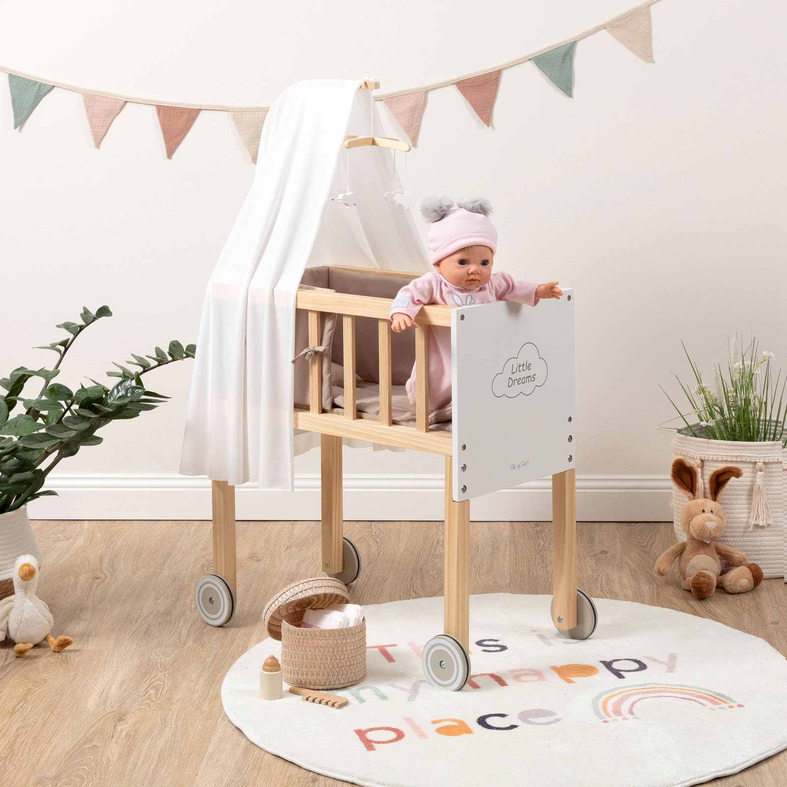 ELLA & PIET® Großer Puppen-Stubenwagen Dreamy aus Holz mit Himmel (Weiß-Schlamm) Puppenwiege Puppenbett zum schieben mit Rollen