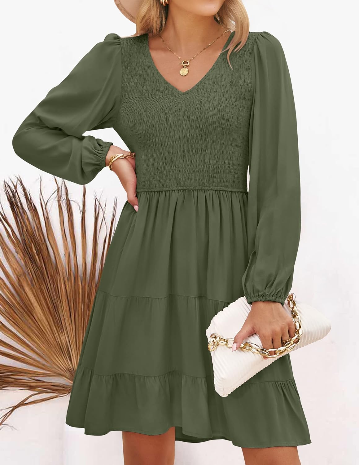 ZESICA Women's Casual V Neck Long Sleeve Smocked High Waist Ruffle A Line Tiered Mini Dress - Image 6