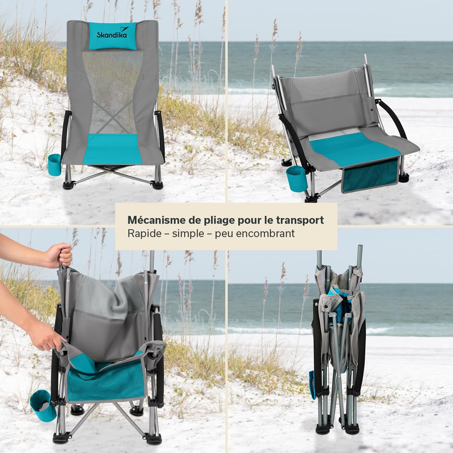 Skandika Chaise de Plage Pliante Beach | Chaise de Plage Confortable avec Mesh Respirant, Porte-Boisson, Basse, Facile à Transporter, Max. 136 kg | Chaise de Camping Pliable, Chaise Longue