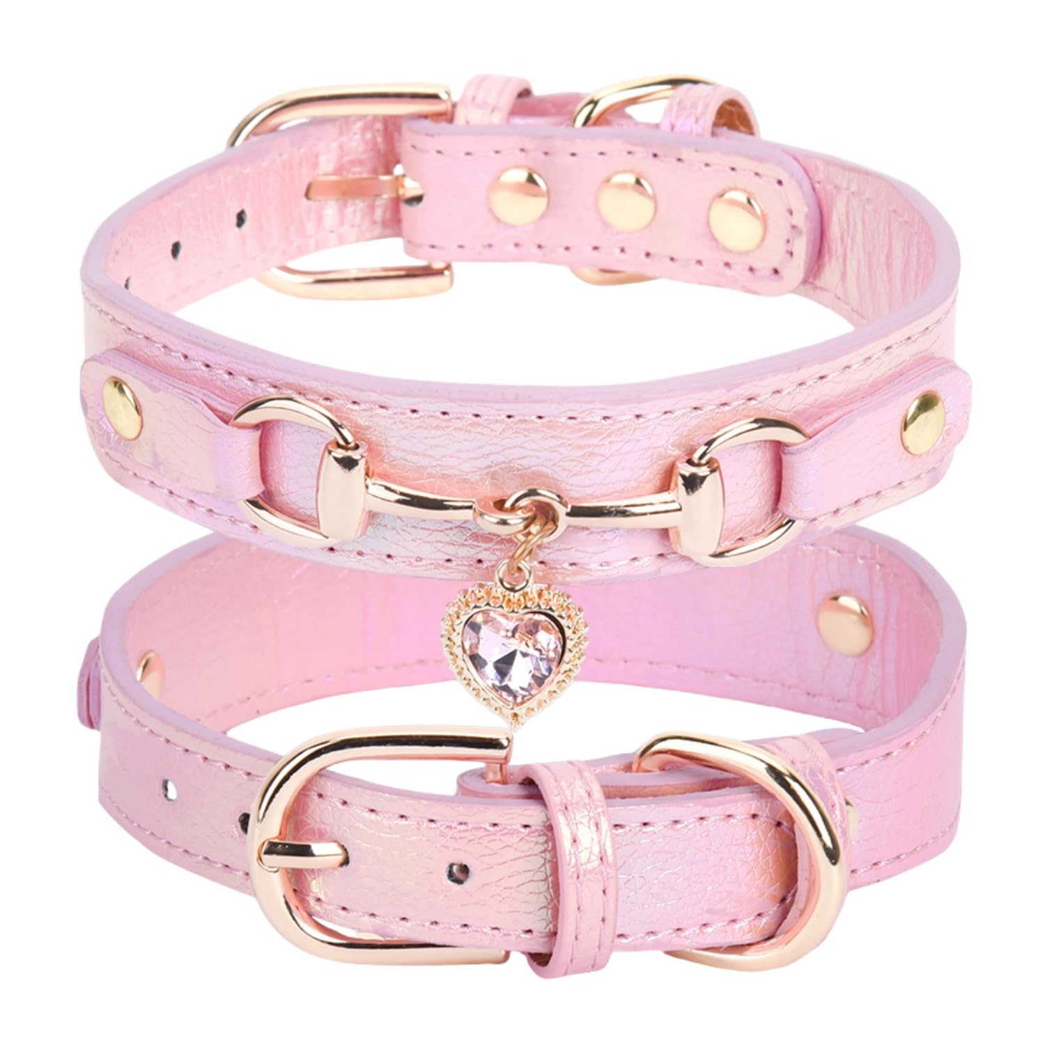 THAIN Fashion Rhinestones Dog Collar with Bling Diamonds & Heart Charm – 5 Holes Adjustable PU Leather Necklace Collar, Gold Buckle for Small Medium Dogs Girl (Pink, S)