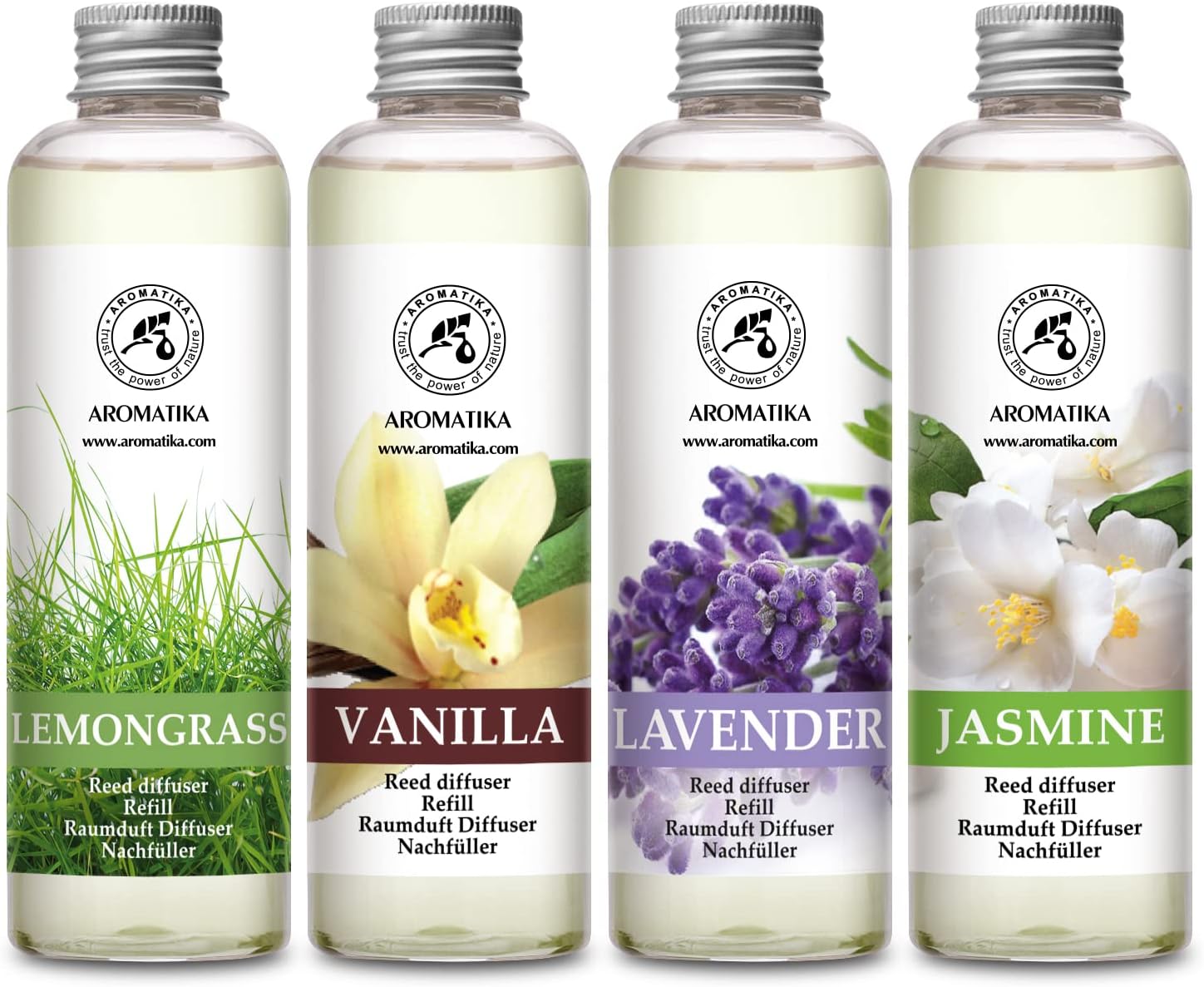 Refill Reed Diffuser - Lemongrass/Lavender/Vanille/Jasmine - Set 4 x 6.8 Fl Oz - Room Fragrance Diffuser - for Aromatherapy - Spa - Home - Bath - Fintess - Restaurant - Boutique