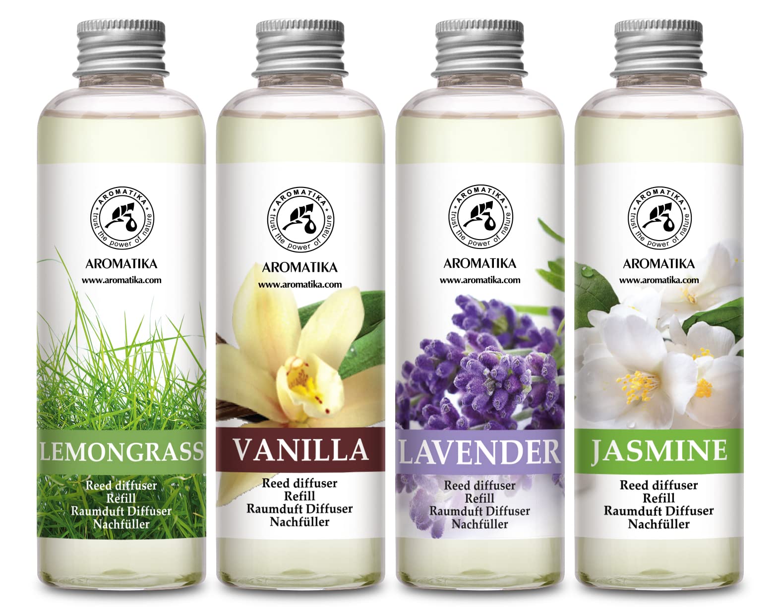 Refill Reed Diffuser - Lemongrass/Lavender/Vanille/Jasmine - Set 4 x 6.8 Fl Oz - Room Fragrance Diffuser - for Aromatherapy - Spa - Home - Bath - Fintess - Restaurant - Boutique