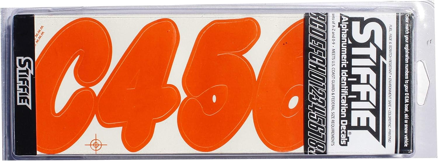 STIFFIE Whip-One Orange 3" Alpha-Numeric Registration Identification Numbers Stickers Decals for Boats & Personal Watercraft