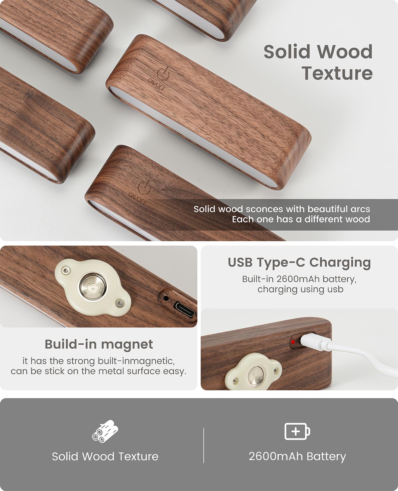 Aplique de pared LED de madera magnético giratorio de 360°, mini lámpara de brillo ajustable, luces nocturnas recargables, luz de lectura alimentada por pilas, para mesita de noche, pasillo, sala de