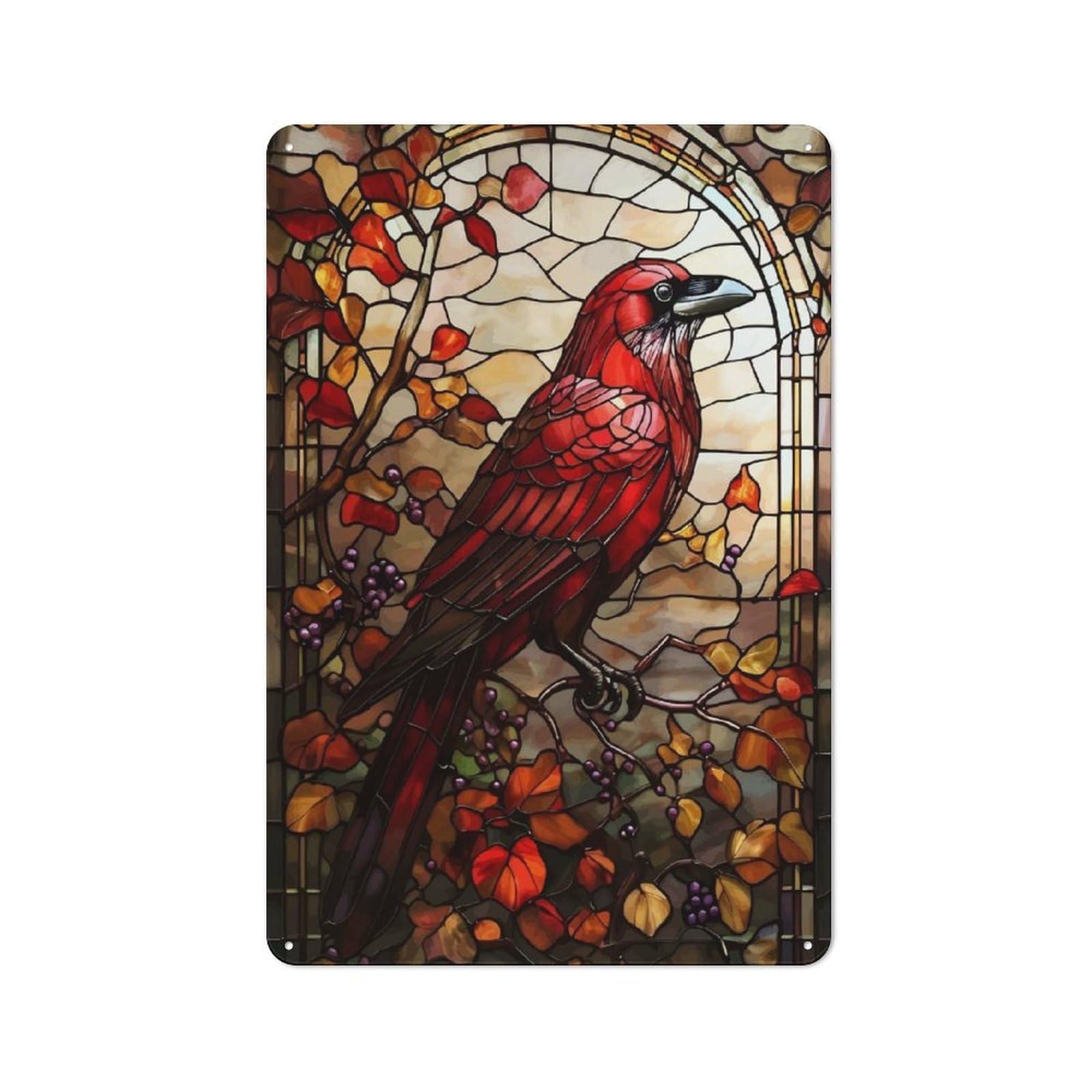 Workshop Style Garage Metal Sign 30x20cm Featuring Stained Glass Raven, Industrial Wall Art for Workshop, Basement, Shed Or Games Room