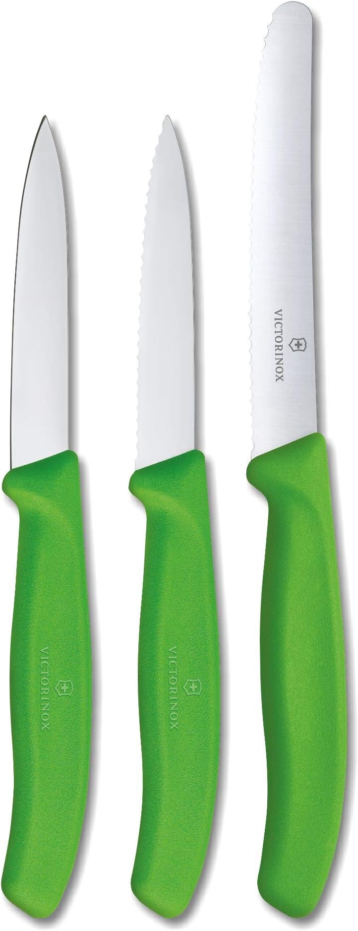 Victorinox Stainless Steel Kitchen Knife Set of 3, Swiss Classic - 11 cm Serrated Edge, 8 cm Straight Edge and 8 cm Serrated Edge Knives for Professional and Household Kitchen, Green, Swiss Made