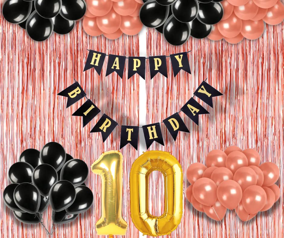 Image of 10th Birthday Decoration items for Girls with Black and Rose Gold Balloons, Black Happy Birthday Banner, Rose Gold Foil Curtain, Foil Balloon number 10