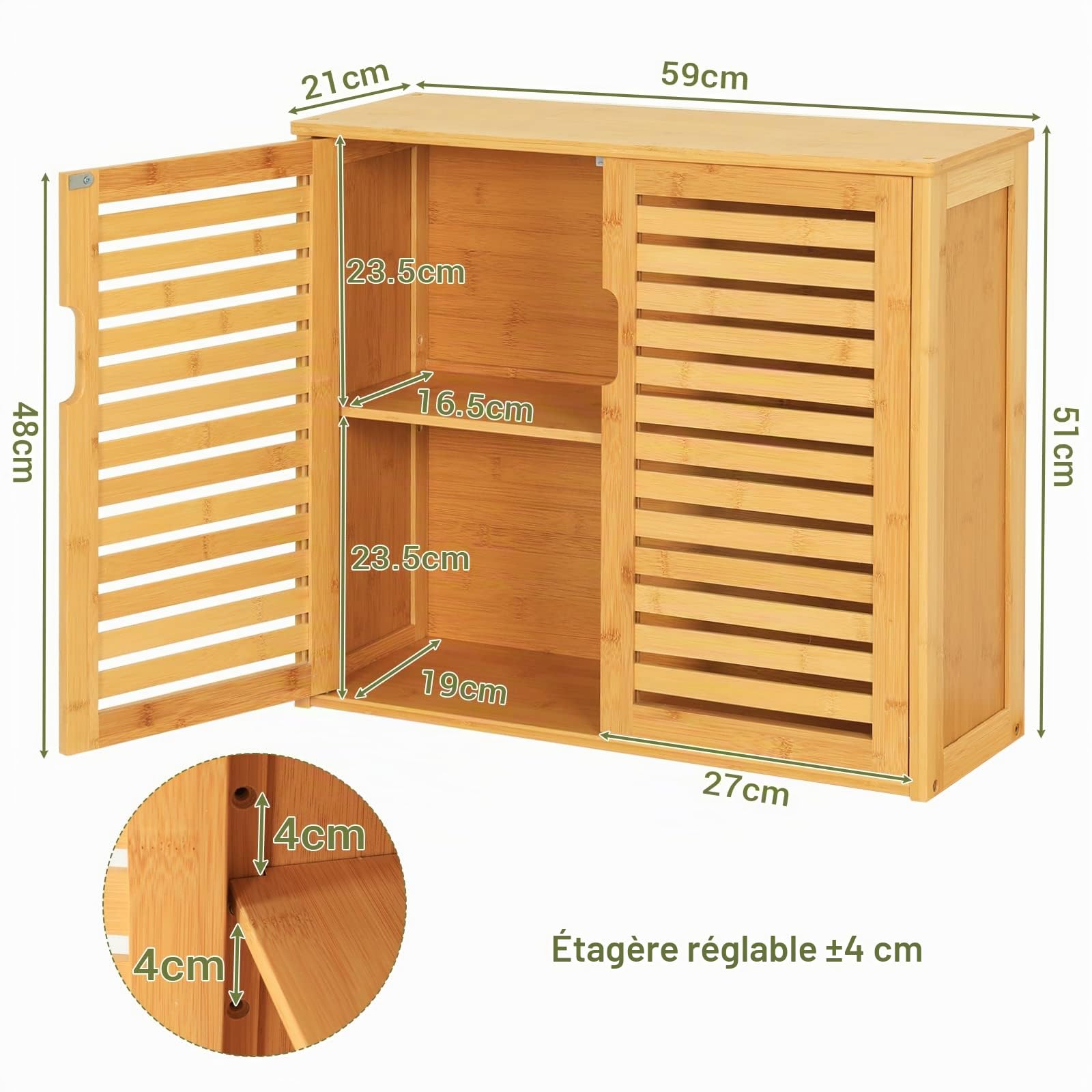 VIAGDO Armoire de Salle de Bain Suspendue en Bambou avec Étagère Réglable en Hauteur, Étagère Murale 20,7 x 59 x 51 cm Naturelle